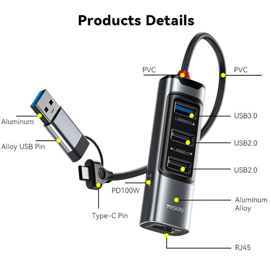 Hub USB / USB-C Yesido HB21, 5in1, Sivi