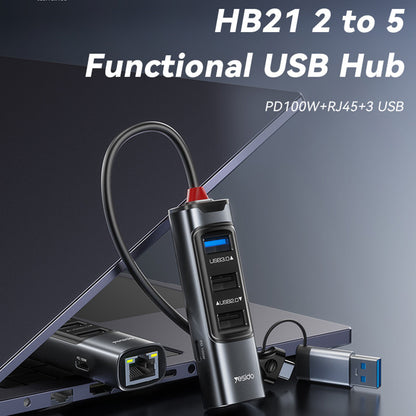 Hub USB / USB-C Yesido HB21, 5in1, Sivi