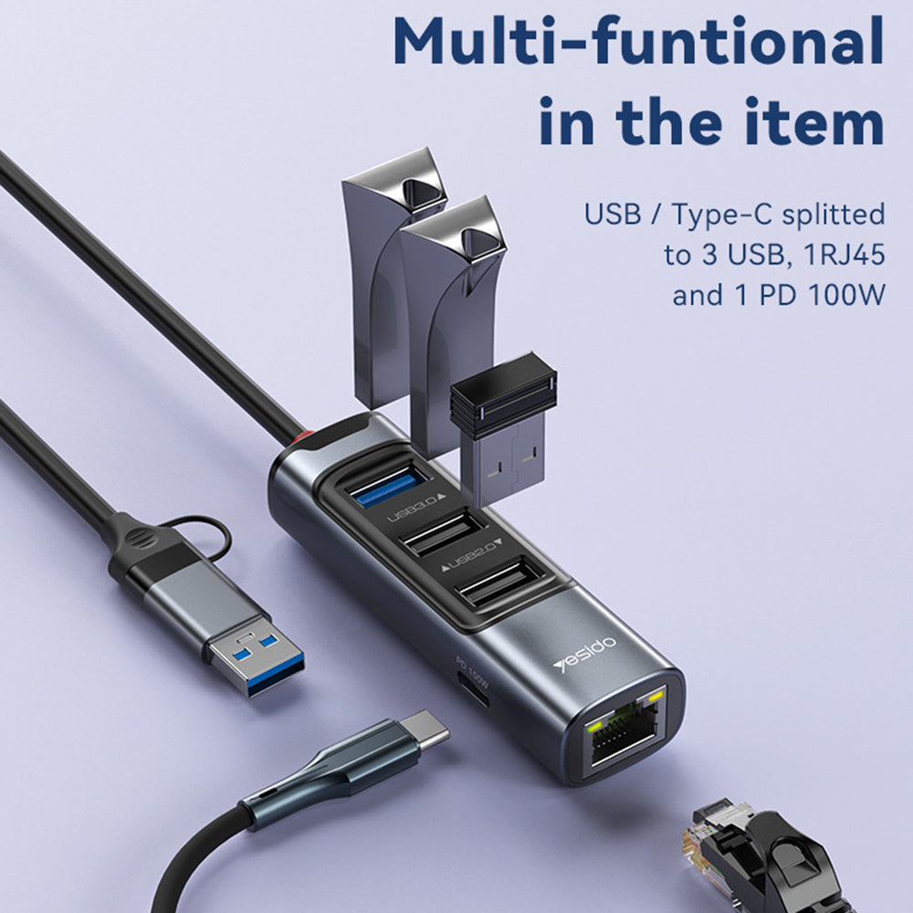 Hub USB / USB-C Yesido HB21, 5in1, Sivi