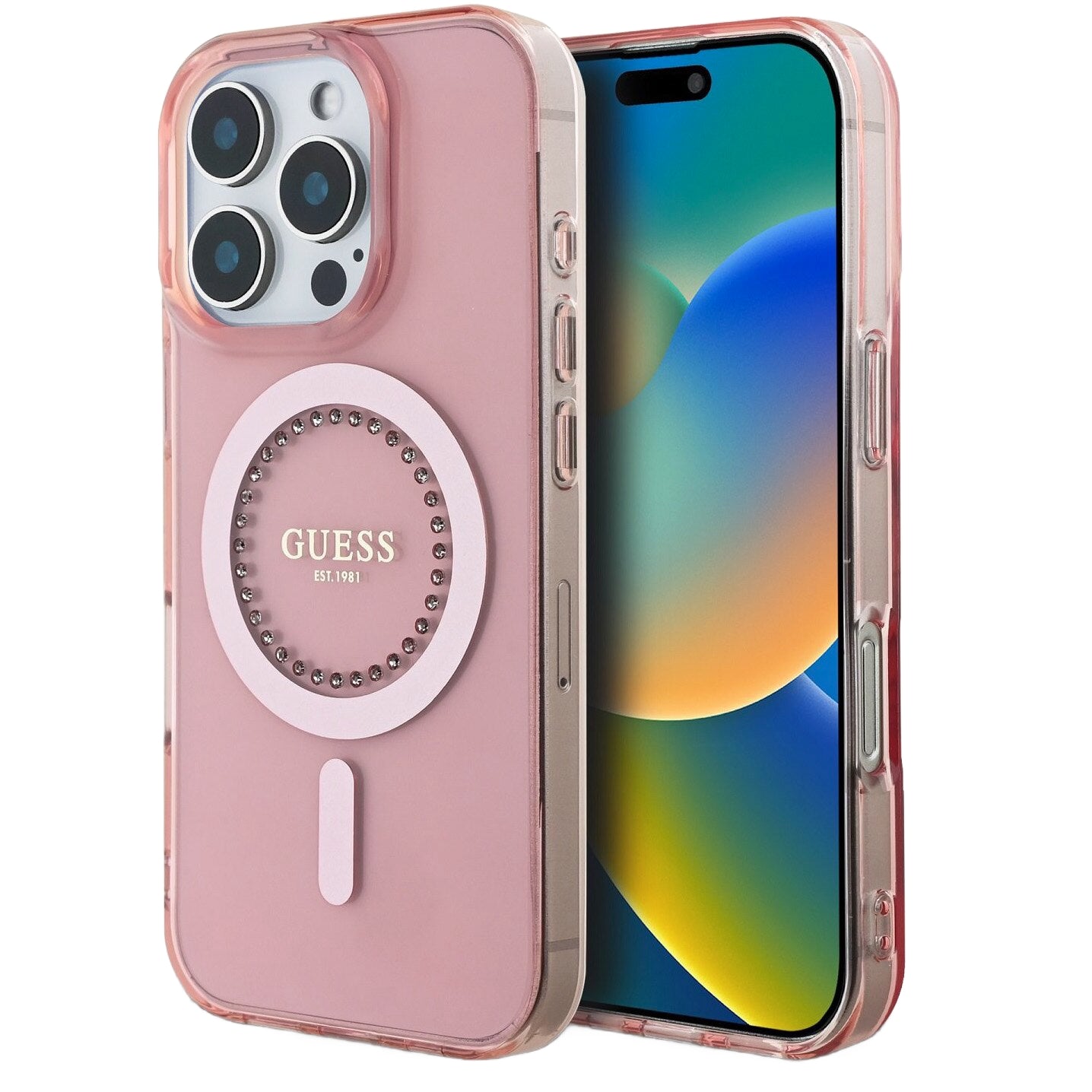 Futrola MagSafe za Apple iPhone 16 Pro Max, Guess, IML Rhinestones Ring, Roze GUHMP16XPFTDTEP