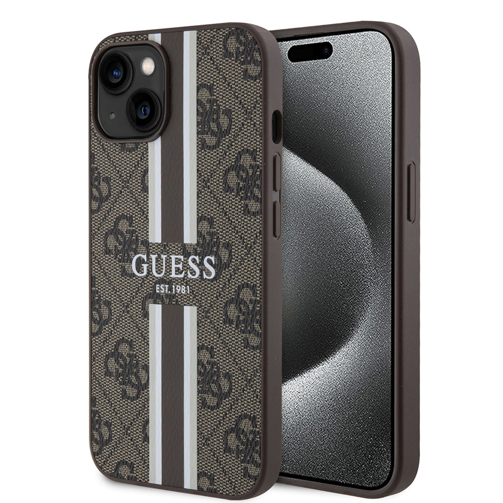 Futrola MagSafe za Apple iPhone 15, Guess, 4G Printed Stripes, Braon
