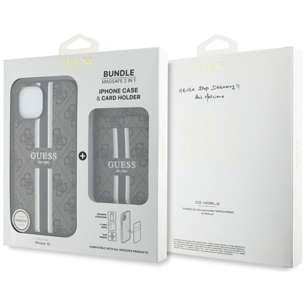 Futrola MagSafe za Apple iPhone 15, Guess, Cardslot 4G Stripes, Braon