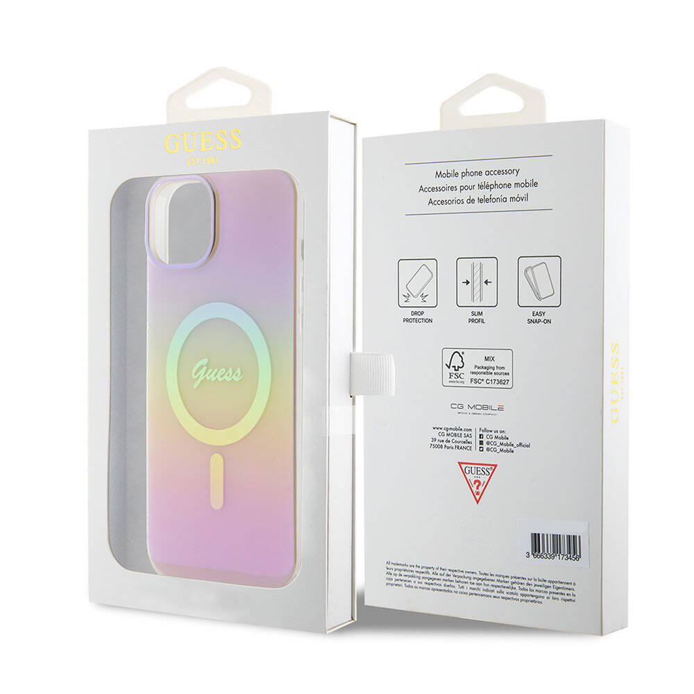 Futrola MagSafe za Apple iPhone 15, Guess, IML Iridescent Script, Roze GUHMP15SHITSP