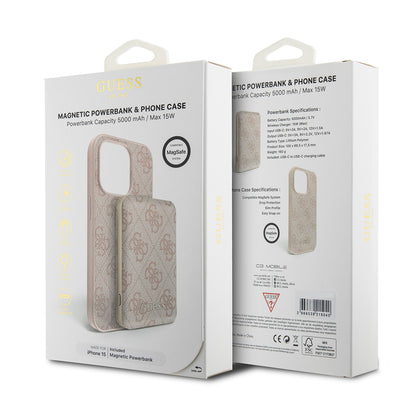 Futrola MagSafe za Apple iPhone 15, Guess, Powerbank 4G Metal Logo, Roze