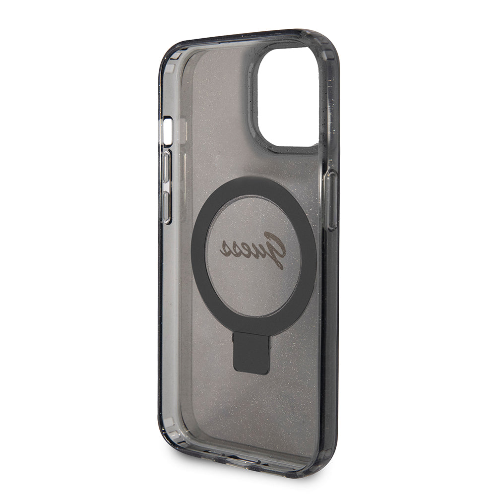 Futrola MagSafe za Apple iPhone 15, Guess, Ring Stand Script Glitter, Crna