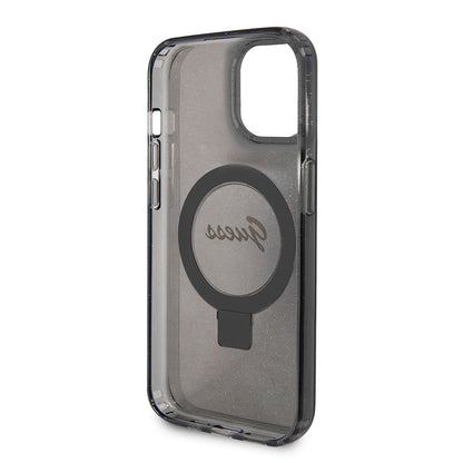 Futrola MagSafe za Apple iPhone 15, Guess, Ring Stand Script Glitter, Crna