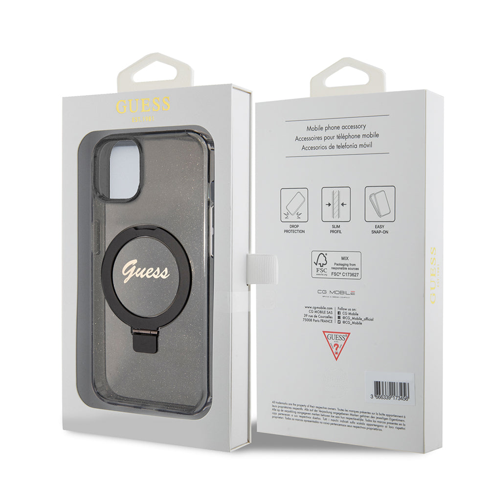 Futrola MagSafe za Apple iPhone 15, Guess, Ring Stand Script Glitter, Crna