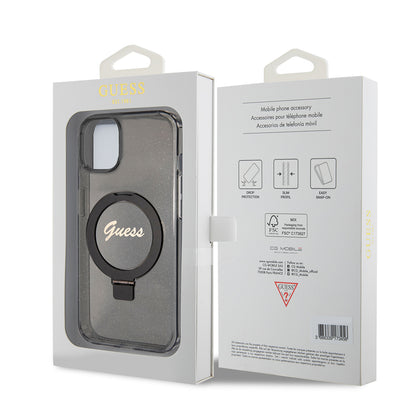 Futrola MagSafe za Apple iPhone 15, Guess, Ring Stand Script Glitter, Crna