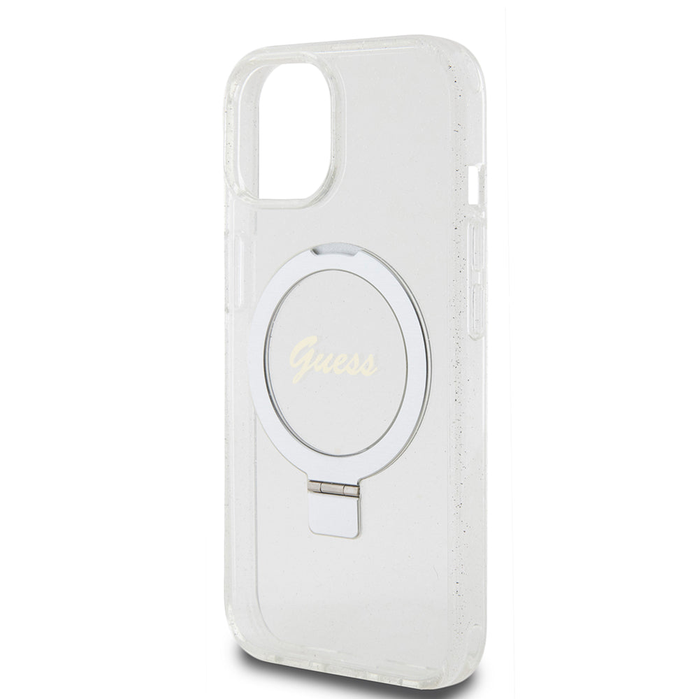 Futrola MagSafe za Apple iPhone 15, Guess, Ring Stand Script Glitter, Providna