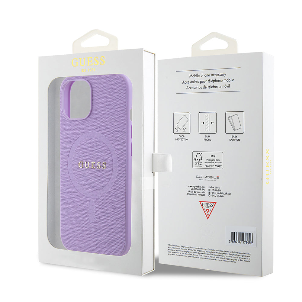 Futrola MagSafe za Apple iPhone 15, Guess, Saffiano, Ljubičasta