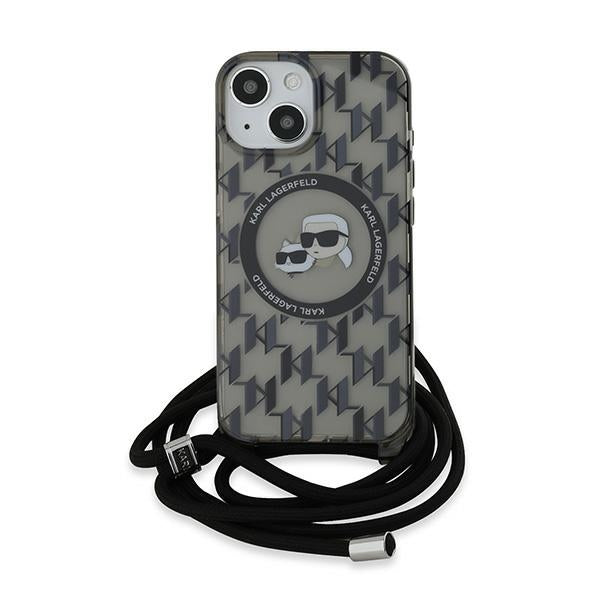 Futrola MagSafe za Apple iPhone 15, Karl Lagerfeld, IML Crossbody Monogram Karl & Choupette's Heads, Crna