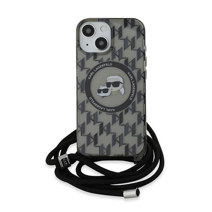 Futrola MagSafe za Apple iPhone 15, Karl Lagerfeld, IML Crossbody Monogram Karl & Choupette's Heads, Crna
