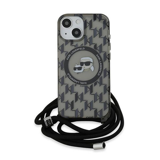 Futrola MagSafe za Apple iPhone 15, Karl Lagerfeld, IML Crossbody Monogram Karl & Choupette's Heads, Crna