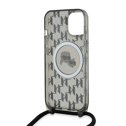Futrola MagSafe za Apple iPhone 15, Karl Lagerfeld, IML Crossbody Monogram Karl & Choupette's Heads, Crna