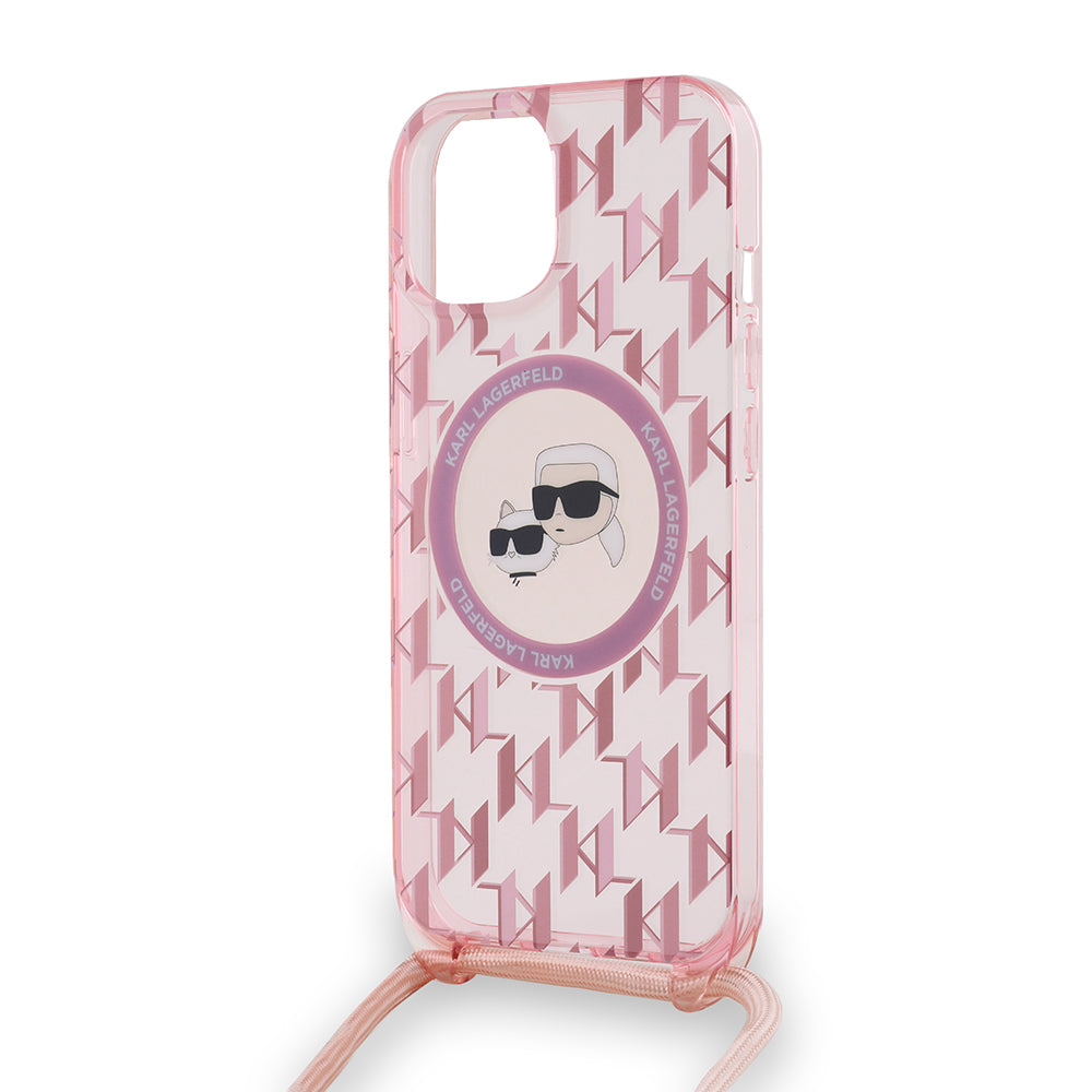 Futrola MagSafe za Apple iPhone 15, Karl Lagerfeld, IML Crossbody Monogram Karl & Choupette's Heads, Roze