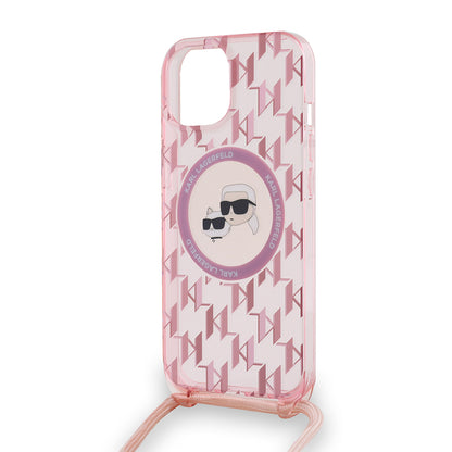Futrola MagSafe za Apple iPhone 15, Karl Lagerfeld, IML Crossbody Monogram Karl & Choupette's Heads, Roze