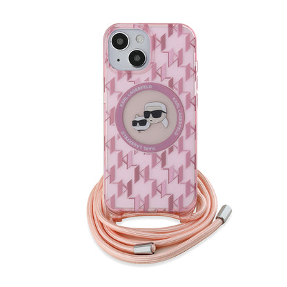 Futrola MagSafe za Apple iPhone 15, Karl Lagerfeld, IML Crossbody Monogram Karl & Choupette's Heads, Roze