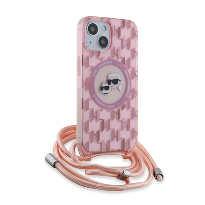 Futrola MagSafe za Apple iPhone 15, Karl Lagerfeld, IML Crossbody Monogram Karl & Choupette's Heads, Roze