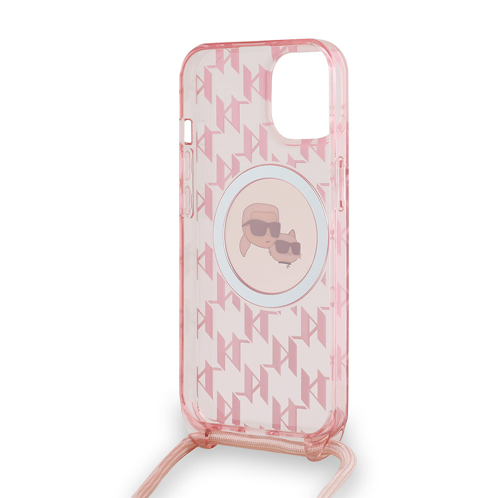 Futrola MagSafe za Apple iPhone 15, Karl Lagerfeld, IML Crossbody Monogram Karl & Choupette's Heads, Roze
