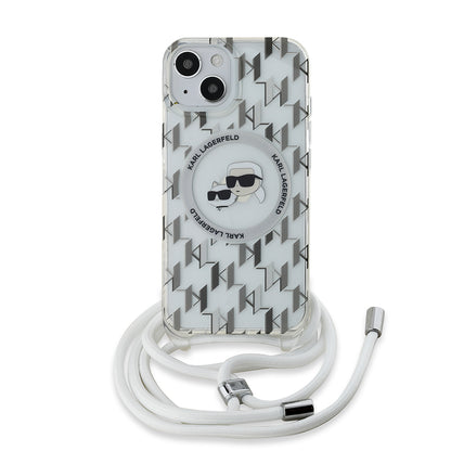 Futrola MagSafe za Apple iPhone 15, Karl Lagerfeld, IML Crossbody Monogram Karl & Choupette's Heads, Transparentna