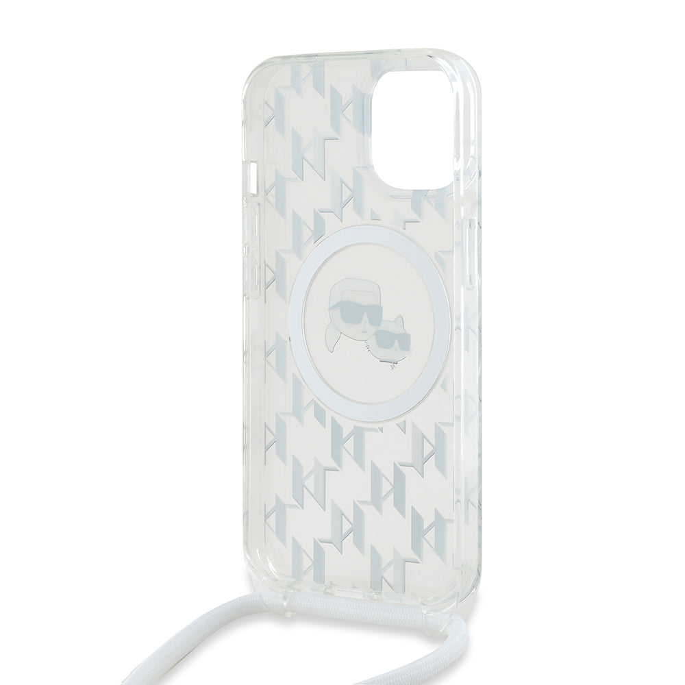 Futrola MagSafe za Apple iPhone 15, Karl Lagerfeld, IML Crossbody Monogram Karl & Choupette's Heads, Transparentna