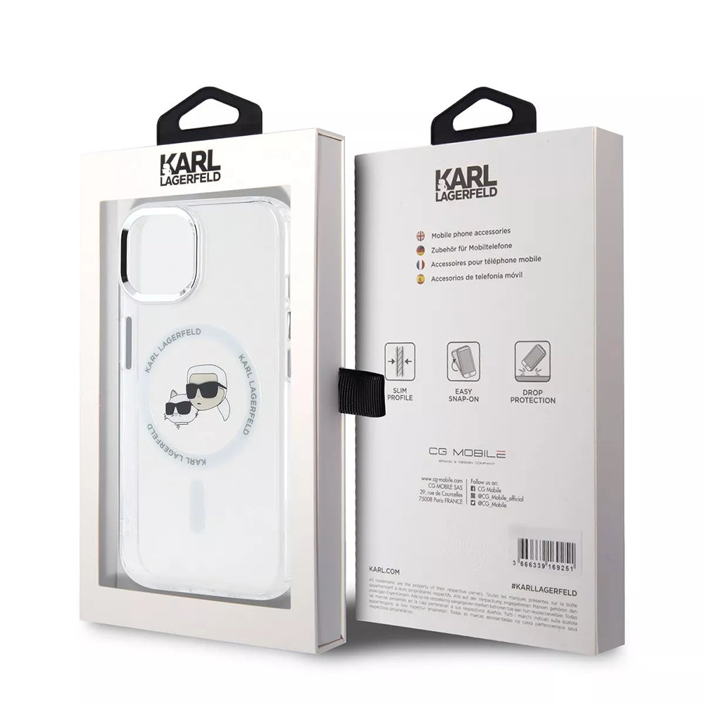 Husa MagSafe za Apple iPhone 15, Karl Lagerfeld, IML Metal Karl & Choupette's Heads, Bela
