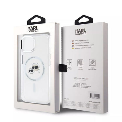 Husa MagSafe za Apple iPhone 15, Karl Lagerfeld, IML Metal Karl & Choupette's Heads, Bela