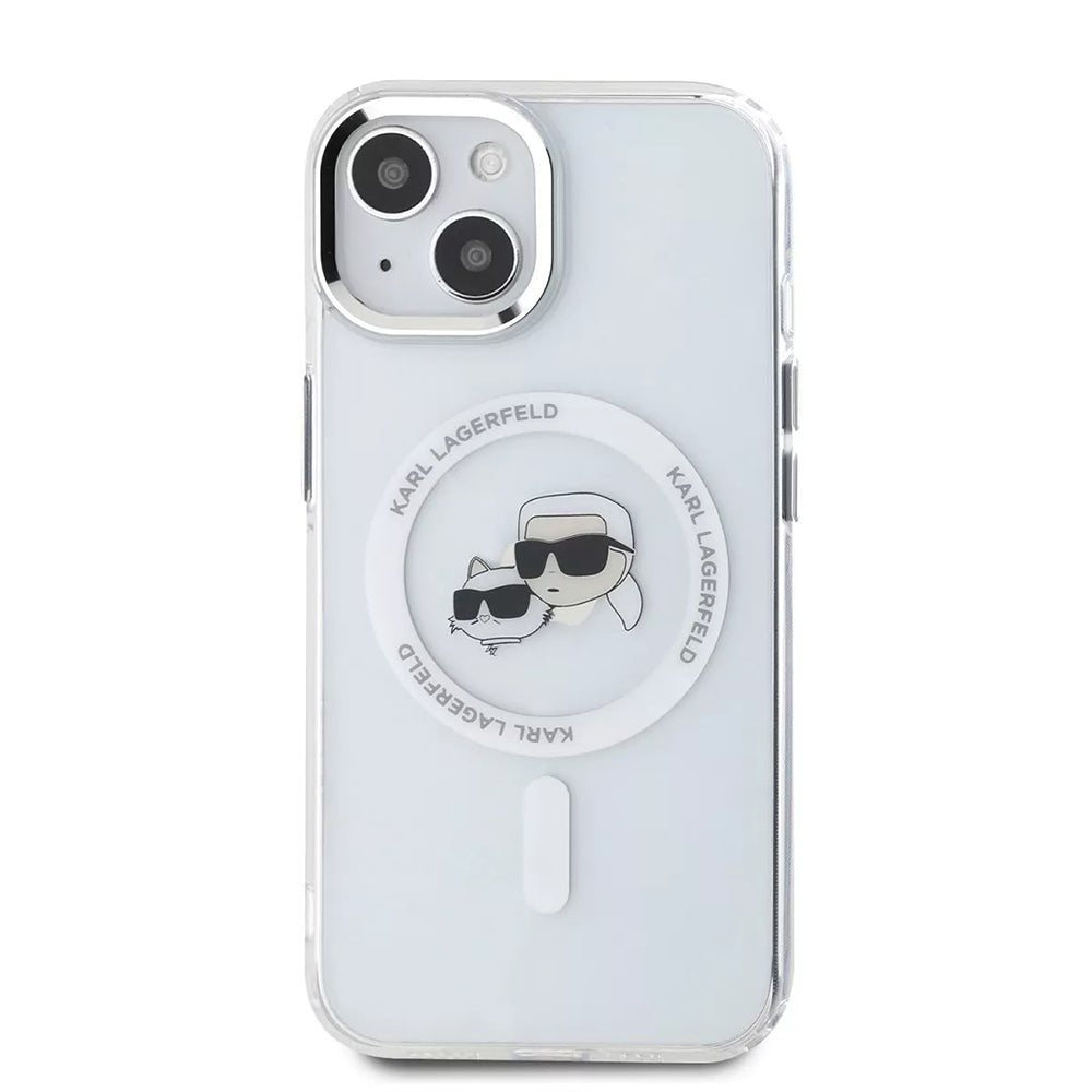 Husa MagSafe za Apple iPhone 15, Karl Lagerfeld, IML Metal Karl & Choupette's Heads, Bela