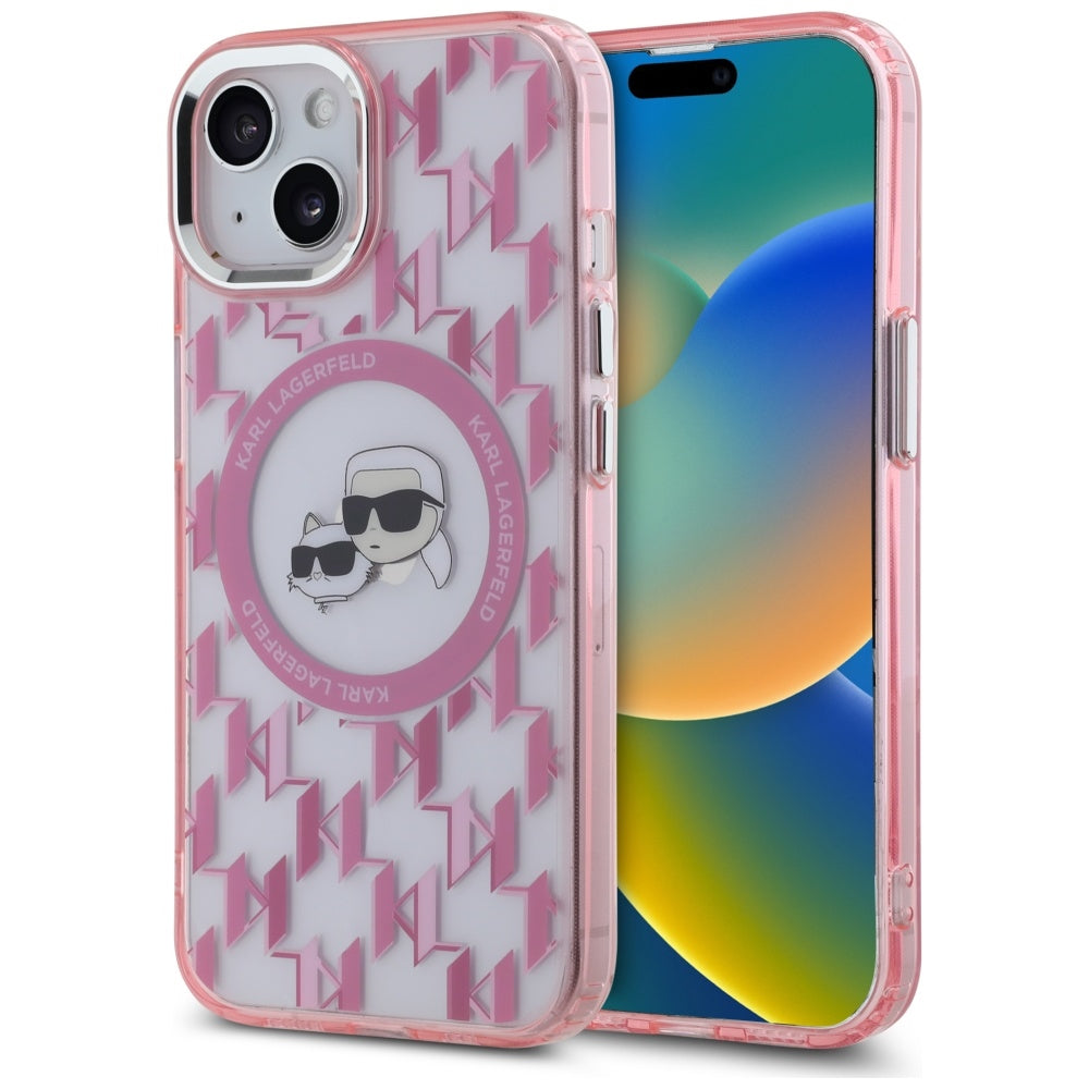 Futrola MagSafe za Apple iPhone 15, Karl Lagerfeld, IML Monogram Karl & Choupette's Heads, Roze