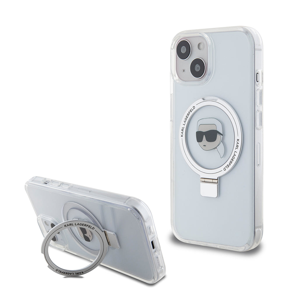 Husa MagSafe za Apple iPhone 15, Karl Lagerfeld, Ring Stand Karl's Head, Bela