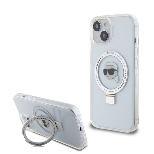 Husa MagSafe za Apple iPhone 15, Karl Lagerfeld, Ring Stand Karl's Head, Bela