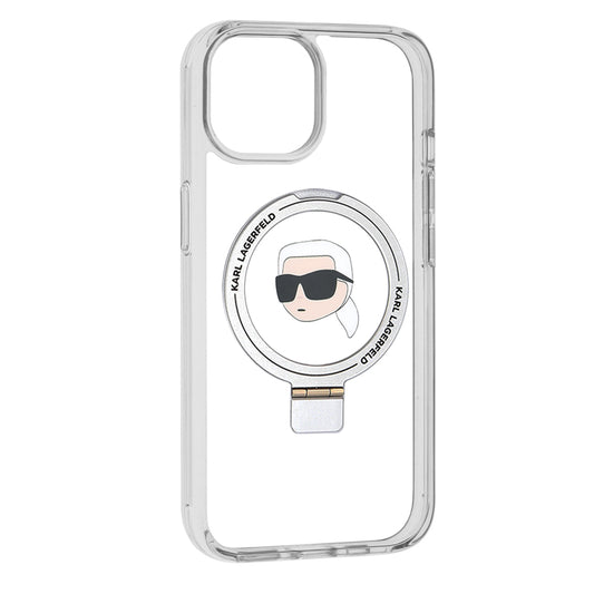 Husa MagSafe za Apple iPhone 15, Karl Lagerfeld, Ring Stand Karl's Head, Bela