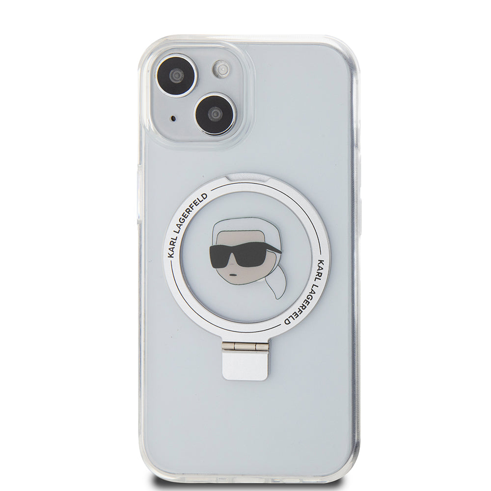 Husa MagSafe za Apple iPhone 15, Karl Lagerfeld, Ring Stand Karl's Head, Bela