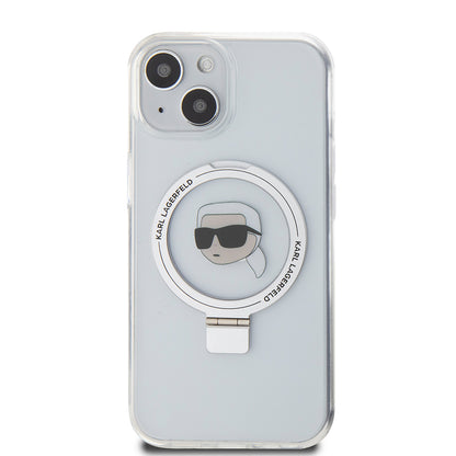 Husa MagSafe za Apple iPhone 15, Karl Lagerfeld, Ring Stand Karl's Head, Bela