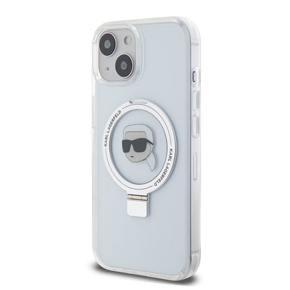 Husa MagSafe za Apple iPhone 15, Karl Lagerfeld, Ring Stand Karl's Head, Bela