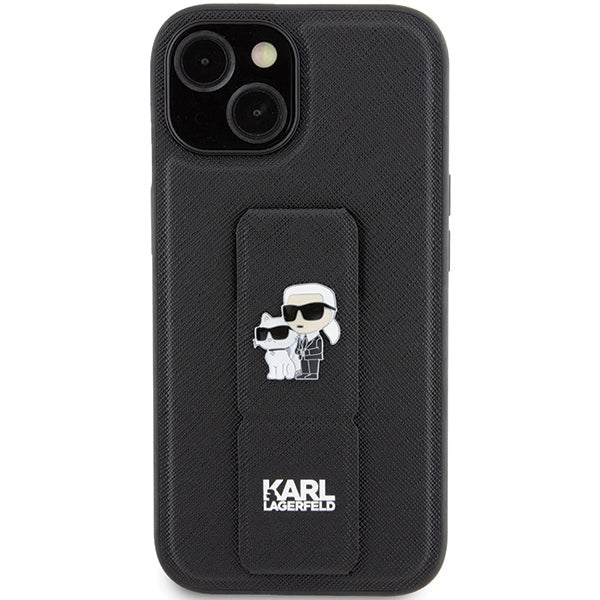 Futrola MagSafe za Apple iPhone 15, Karl Lagerfeld, Saffiano Gripstand Karl & Choupette, Crna