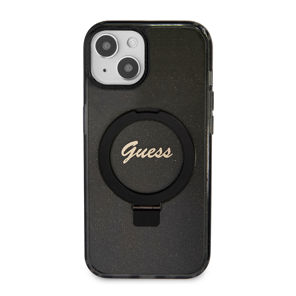 Futrola MagSafe za Apple iPhone 15 Plus, Guess, Ring Stand Script Glitter, Crna