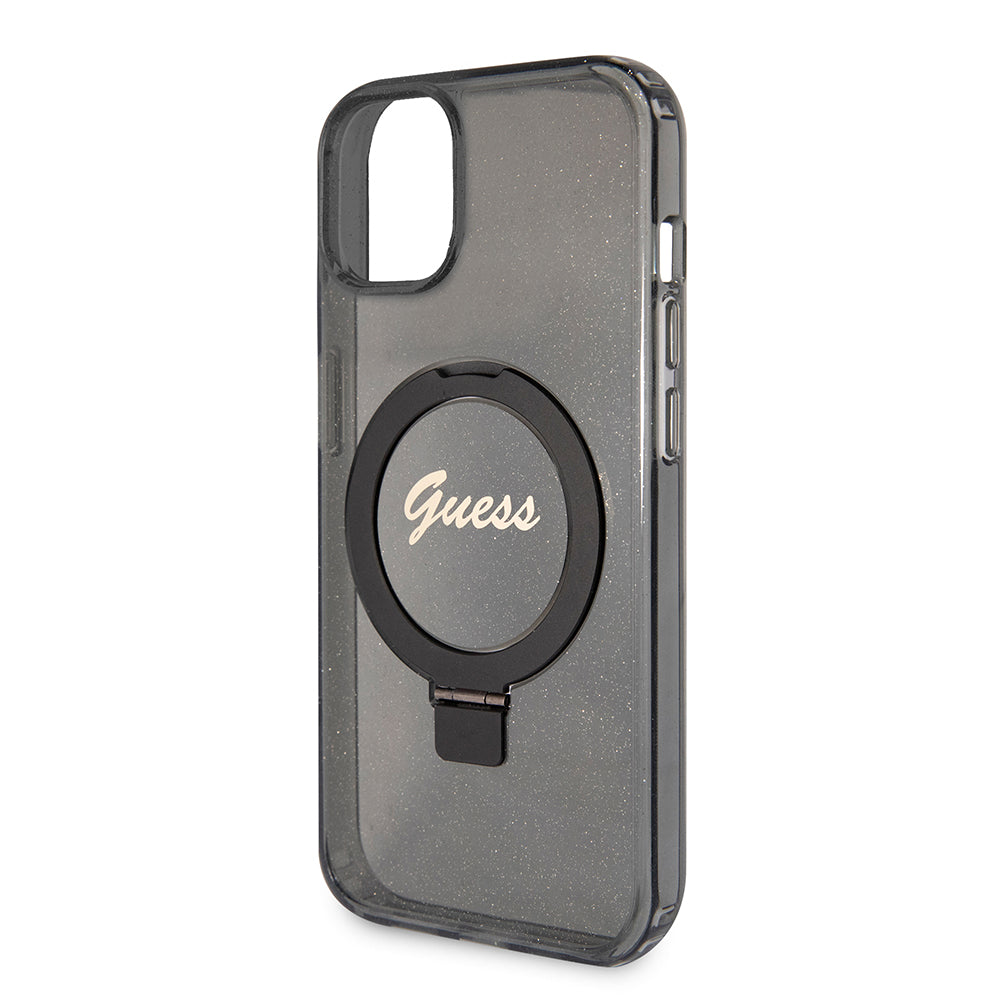 Futrola MagSafe za Apple iPhone 15 Plus, Guess, Ring Stand Script Glitter, Crna