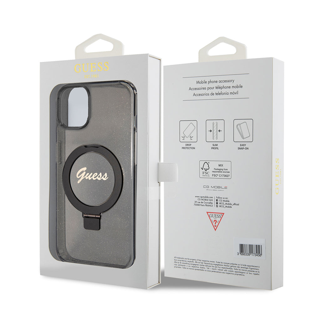 Futrola MagSafe za Apple iPhone 15 Plus, Guess, Ring Stand Script Glitter, Crna