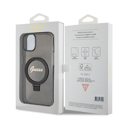 Futrola MagSafe za Apple iPhone 15 Plus, Guess, Ring Stand Script Glitter, Crna