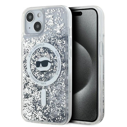 Husa MagSafe za Apple iPhone 15 Plus, Karl Lagerfeld, Liquid Glitter Choupette's Head, Transparentna