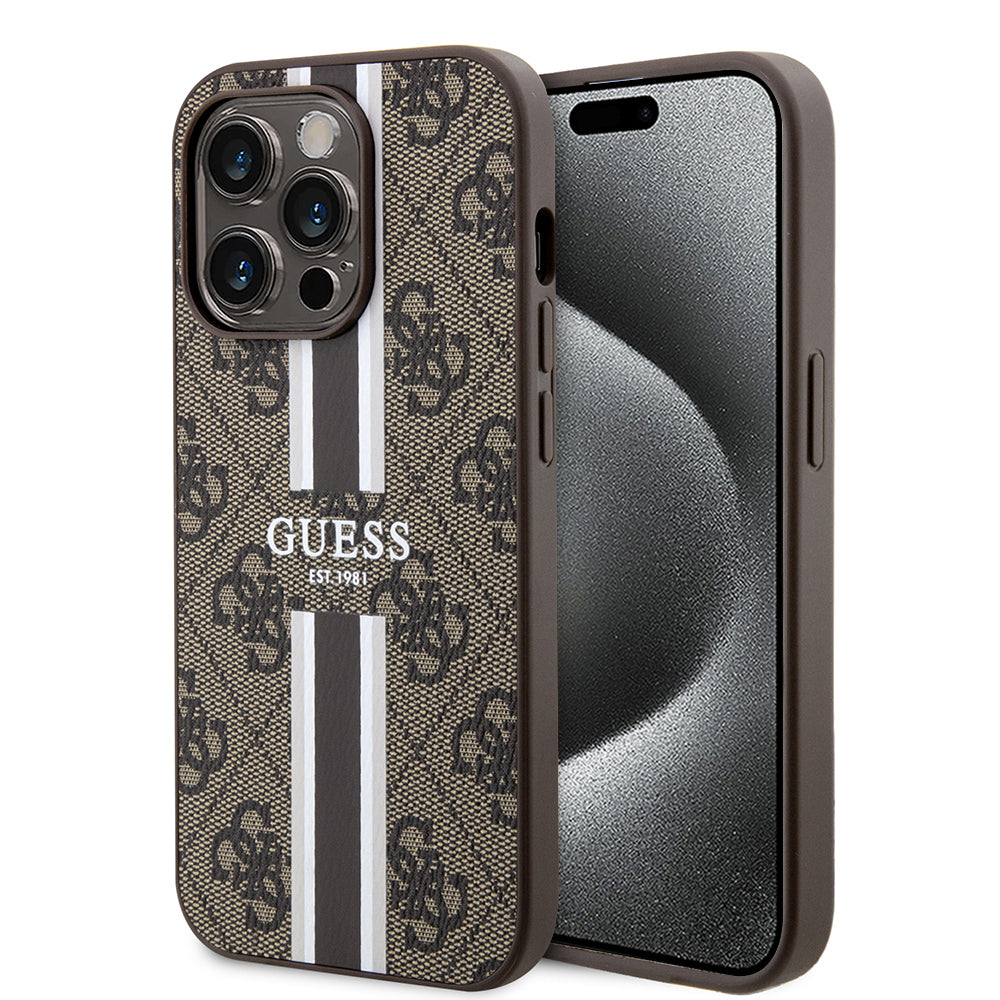 Husa MagSafe za Apple iPhone 15 Pro, Guess, 4G Printed Stripes, Braon