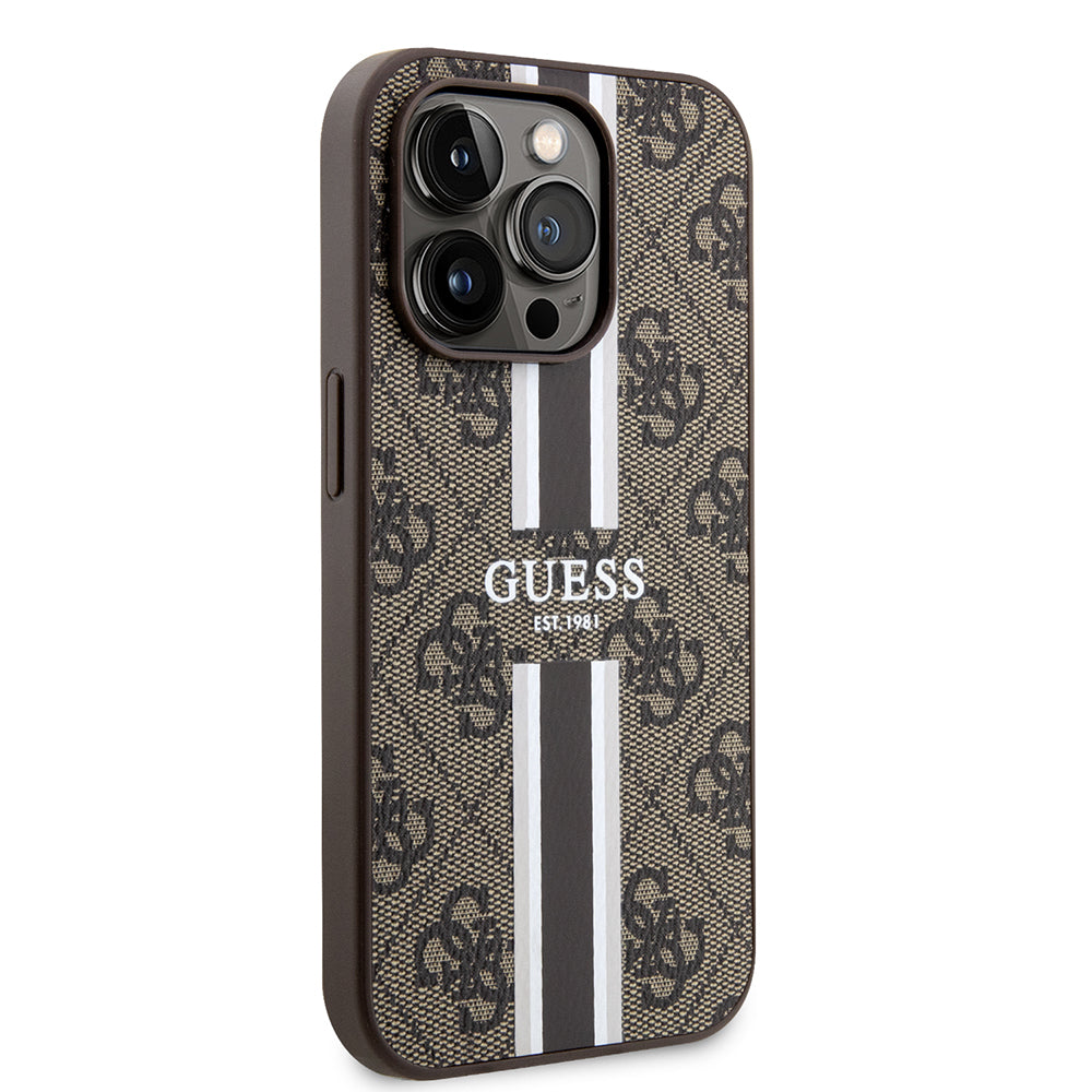 Husa MagSafe za Apple iPhone 15 Pro, Guess, 4G Printed Stripes, Braon