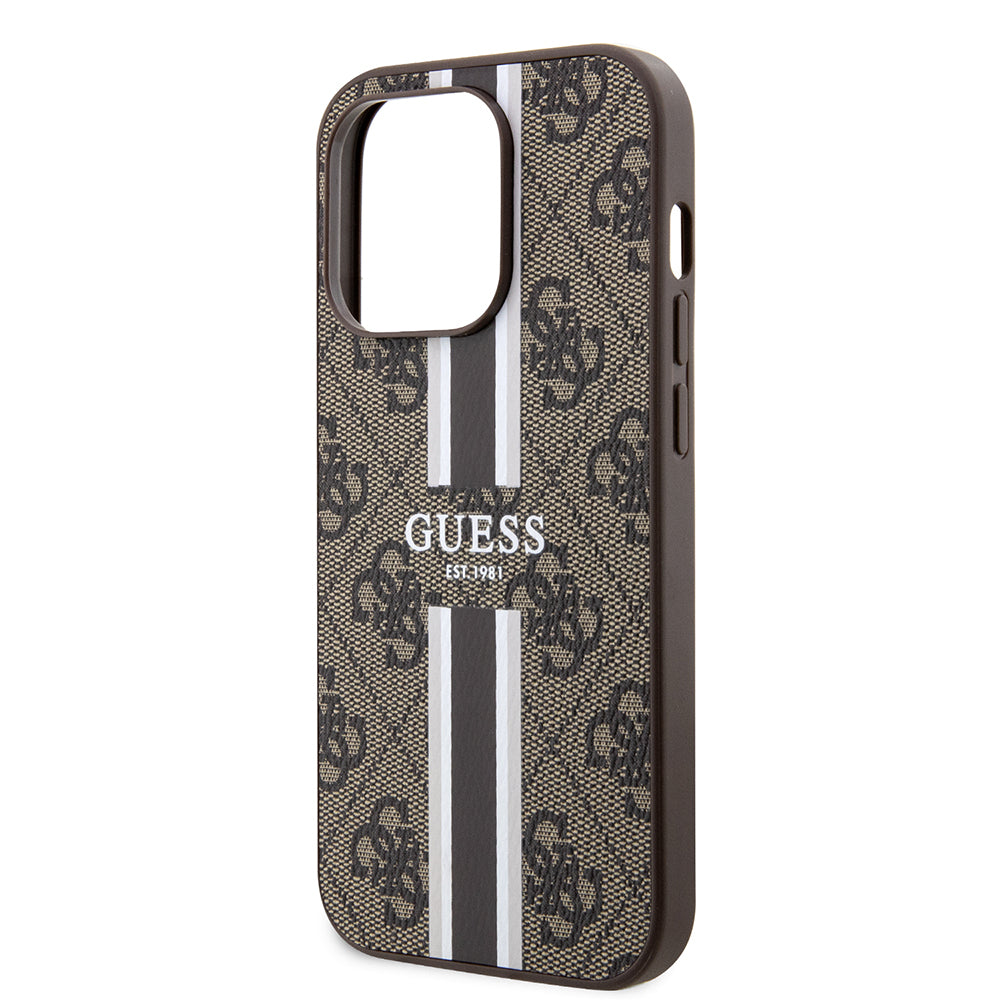Husa MagSafe za Apple iPhone 15 Pro, Guess, 4G Printed Stripes, Braon