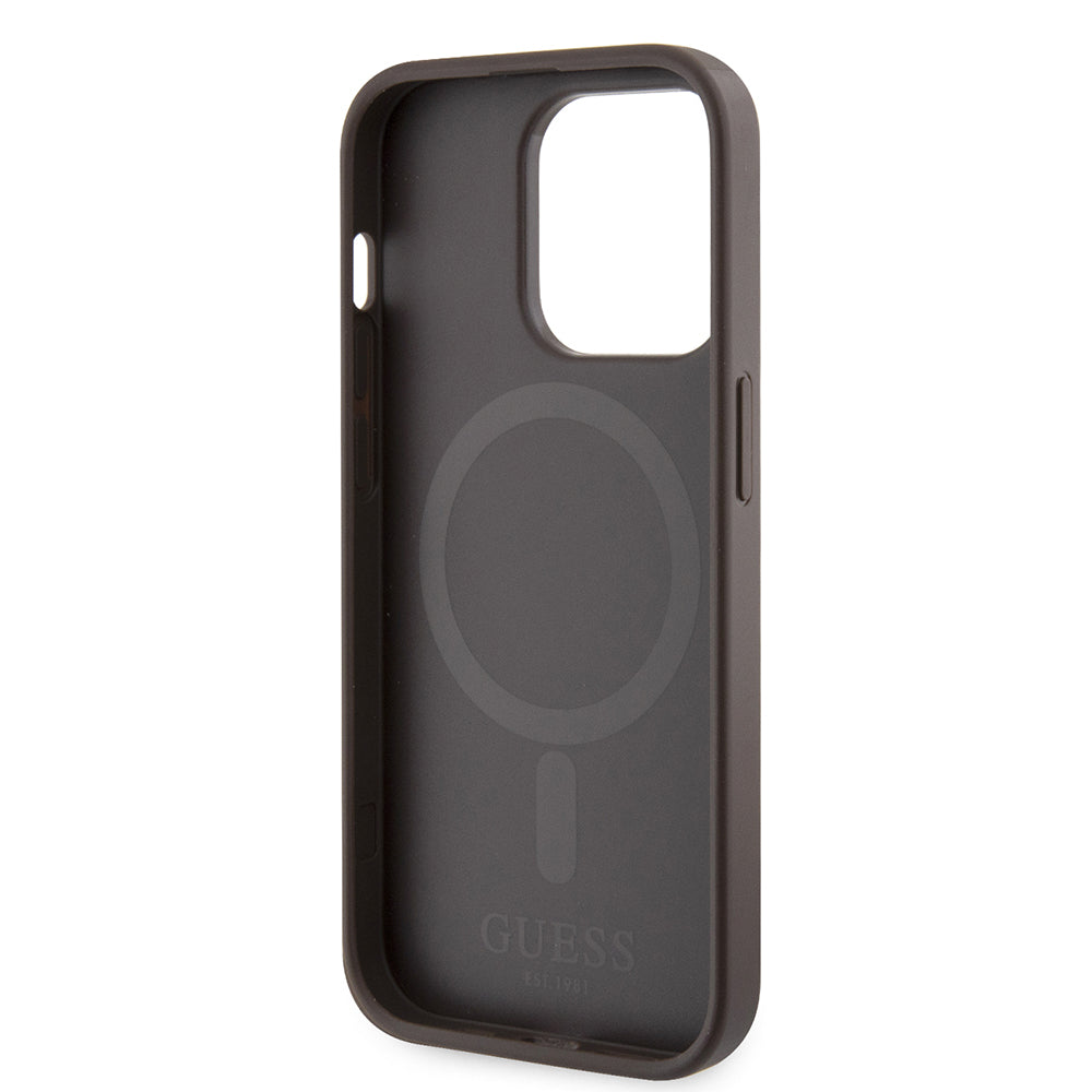 Husa MagSafe za Apple iPhone 15 Pro, Guess, 4G Printed Stripes, Braon