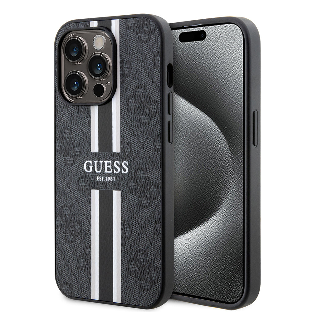 Futrola MagSafe za Apple iPhone 15 Pro, Guess, 4G Printed Stripes, Crna