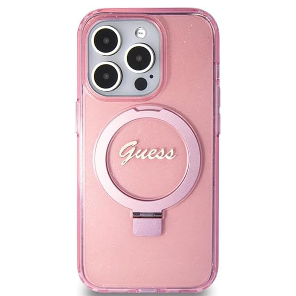Futrola MagSafe za Apple iPhone 15 Pro, Guess, IML Ring Stand Glitter, Roze