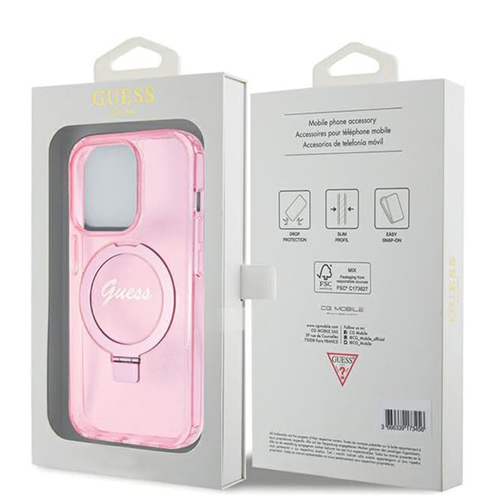 Futrola MagSafe za Apple iPhone 15 Pro, Guess, IML Ring Stand Glitter, Roze