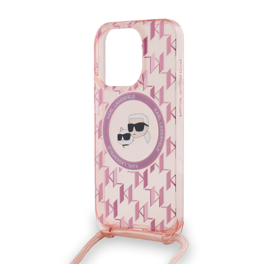 Futrola MagSafe za Apple iPhone 15 Pro, Karl Lagerfeld, IML Crossbody Monogram Karl & Choupette's Heads, Roze