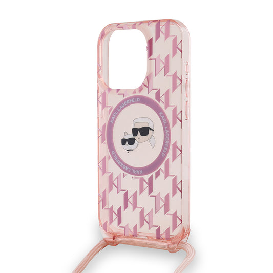 Futrola MagSafe za Apple iPhone 15 Pro, Karl Lagerfeld, IML Crossbody Monogram Karl & Choupette's Heads, Roze